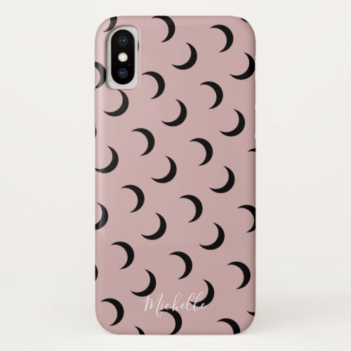 Trendy Blush Rose Gold Crescent Moon Custom Name iPhone XS Case