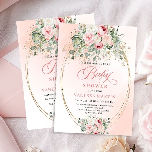 Trendy Blush Rose Gold Floral Girl Baby Shower