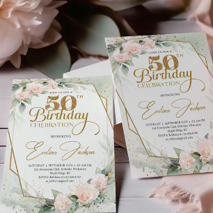 Trendy blush roses eucalyptus greenery gold frame invitation