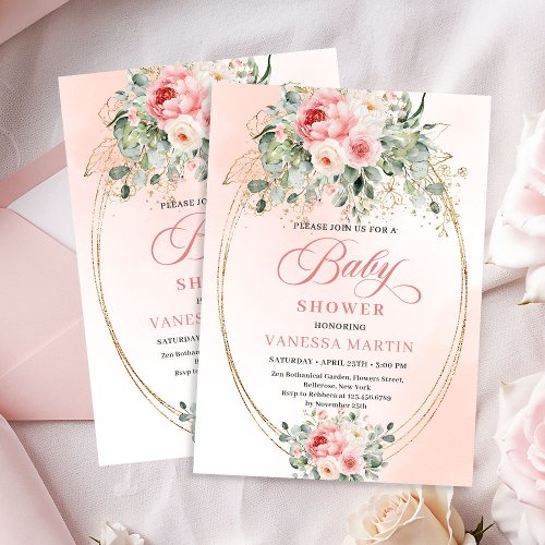 Trendy Blush Roses Gold Baby Shower Invitation Gir
