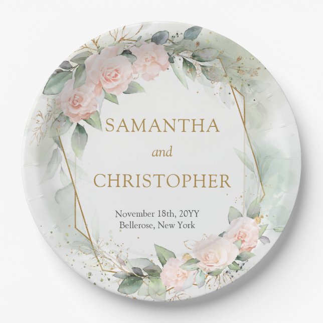 Trendy blush roses gold frame eucalyptus wedding paper plates (Front)