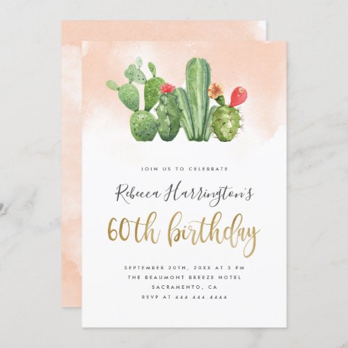 Trendy Blush Watercolor  Cactus 60th Birthday Invitation