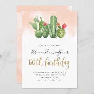 Trendy Blush Watercolor & Cactus 60th Birthday Invitation