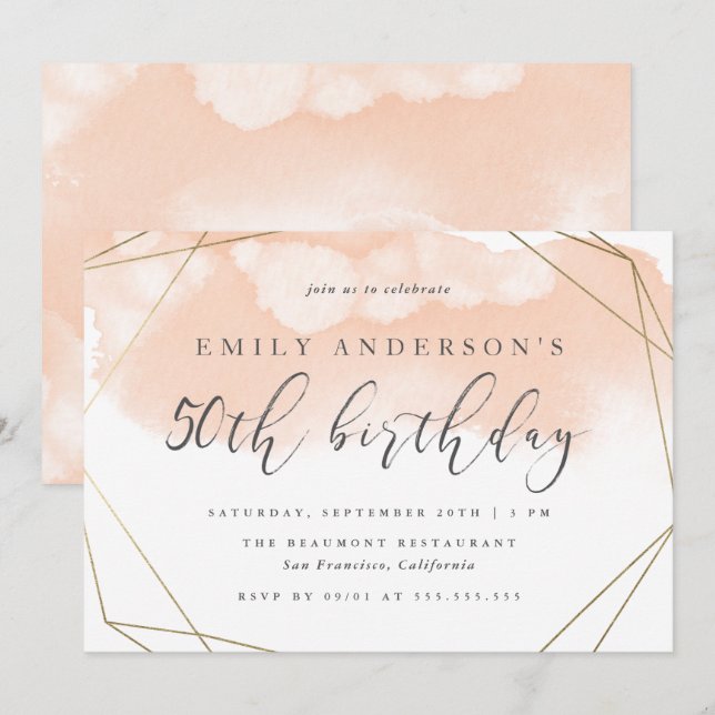 Trendy Blush Watercolor Geometric 50th Birthday Invitation (Front/Back)