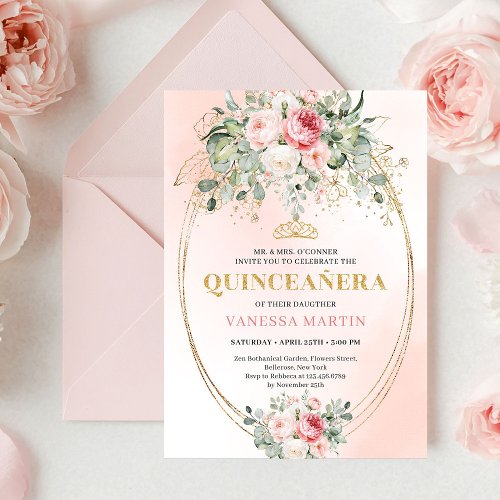 Trendy Bohemian Blush Floral Quinceañera Invitatio