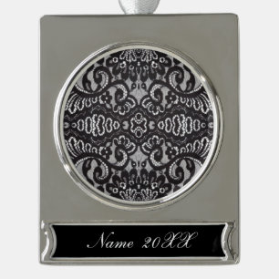 trendy bohemian girly Parisian black lace Silver Plated Banner Ornament