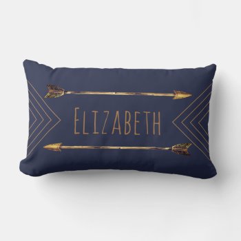 Trendy Bohemian Gold Tribal Arrows & Navy Lumbar Pillow by GrudaHomeDecor at Zazzle