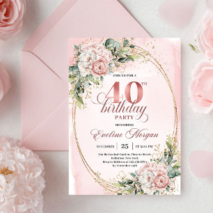 Trendy Bohemian Rose Gold Flowers 40th Birthday  Invitation