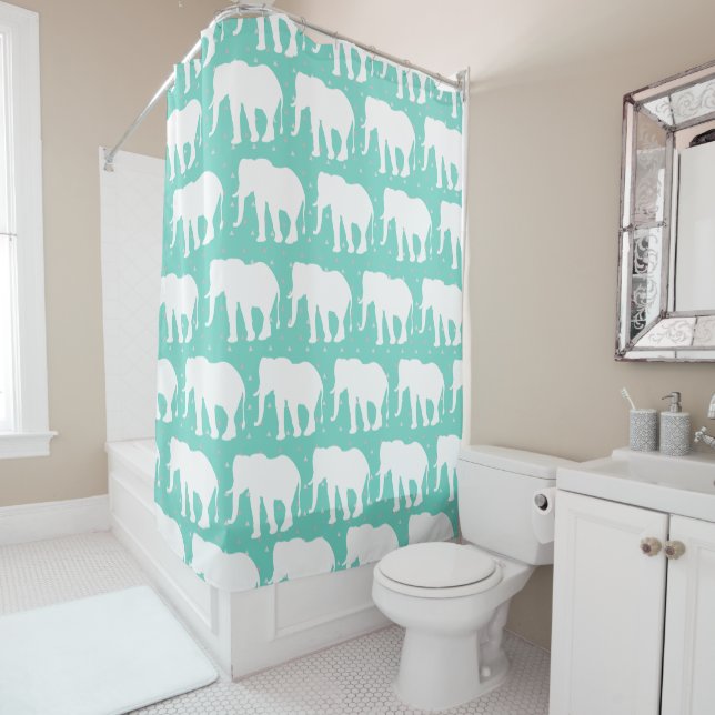 Trendy Bohemian White Elephants & Gray Triangles Shower Curtain (In Situ)