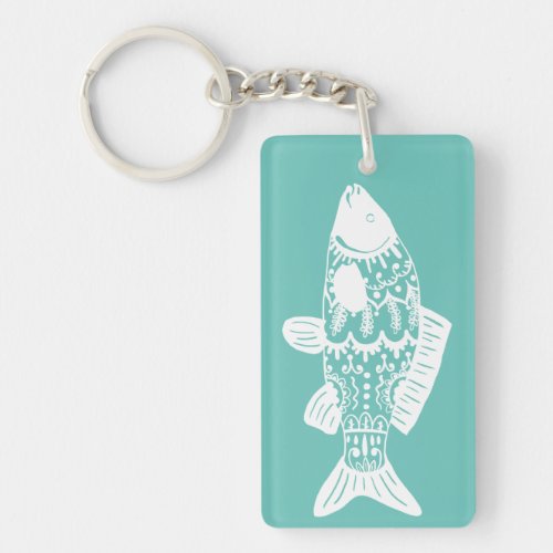Trendy Bohemian White Floral Fish  Coral Pink Keychain