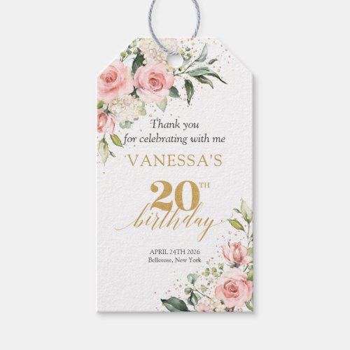 Trendy boho blush floral gold sage 20th birthday gift tags