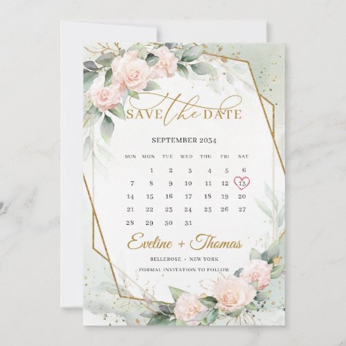 Trendy boho blush gold frame eucalyptus calendar save the date