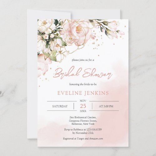 Trendy Boho blush pink and gold flowers eucalyptus Invitation
