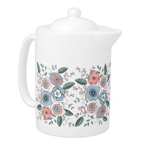 Trendy Boho Blush Pink Blue Flowers Teapot