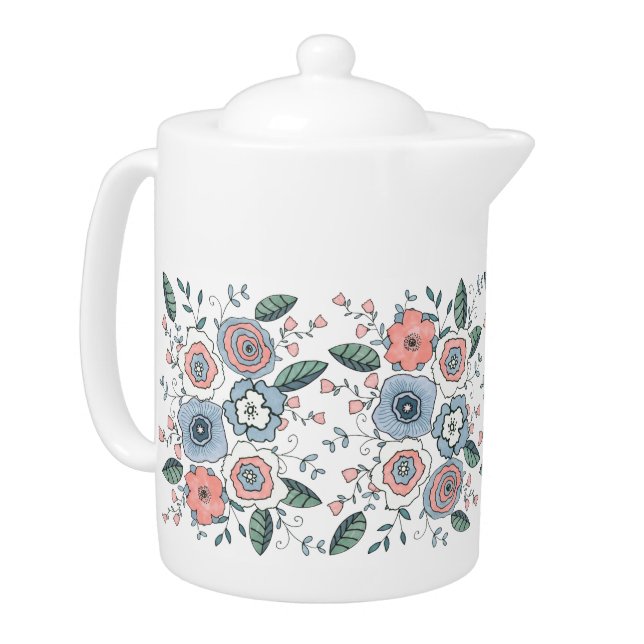 Trendy Boho Blush Pink Blue Flowers Teapot (Left)