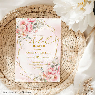 Trendy Boho Blush Pink Gold Floral Bridal Shower Invitation