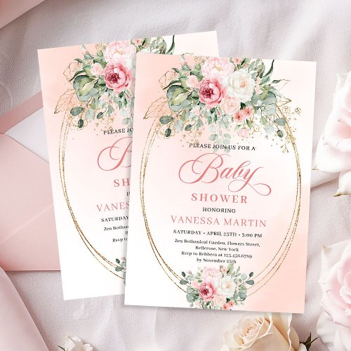 Trendy Boho Blush Rose Greenery Baby Shower Invite