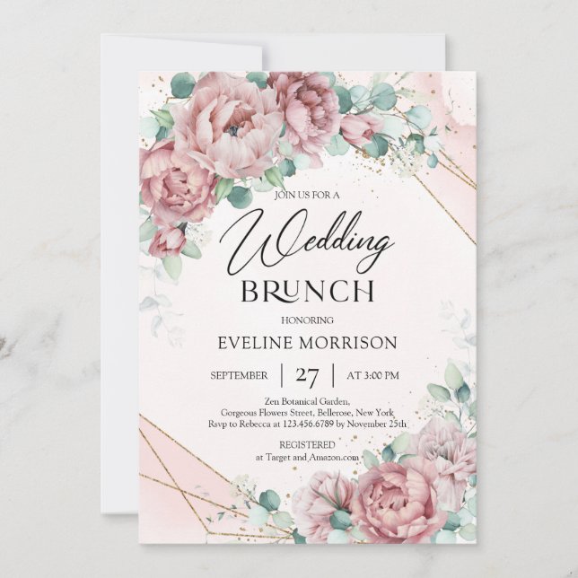Trendy boho blush roses eucalyptus wedding brunch invitation (Front)