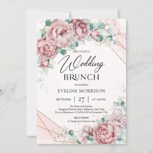 Trendy boho blush roses eucalyptus wedding brunch invitation