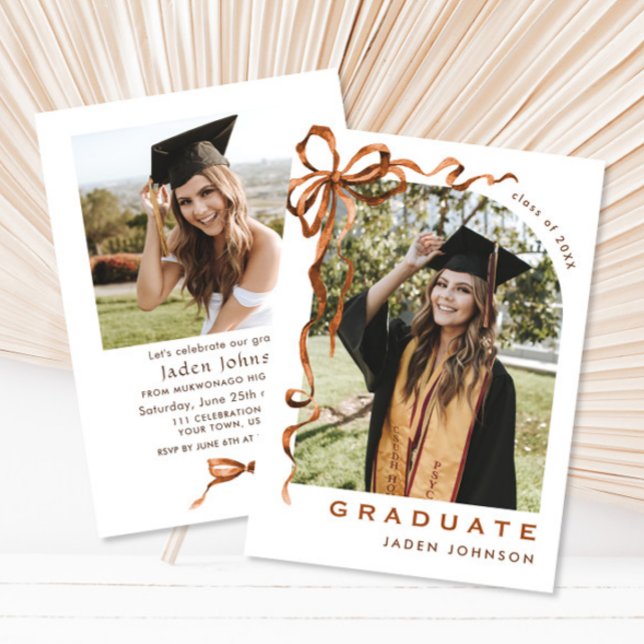 Trendy Boho Bow Ribbon 2 PHOTO Graduation Party Invitation (Creator Uploaded)