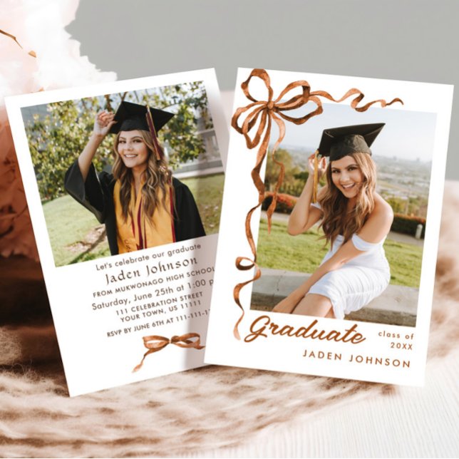 Trendy Boho Bow Ribbon 2 PHOTO Graduation Party Invitation (Creator Uploaded)