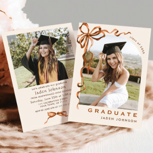 Trendy Boho Bow Ribbon 2 PHOTO Graduation Party Invitation
