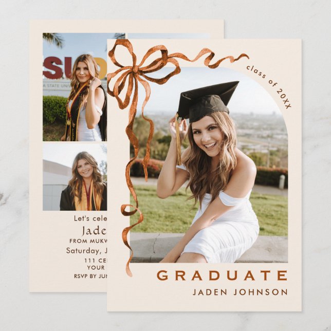 Trendy Boho Bow Ribbon 5 PHOTO Graduation Party Invitation (Front/Back)