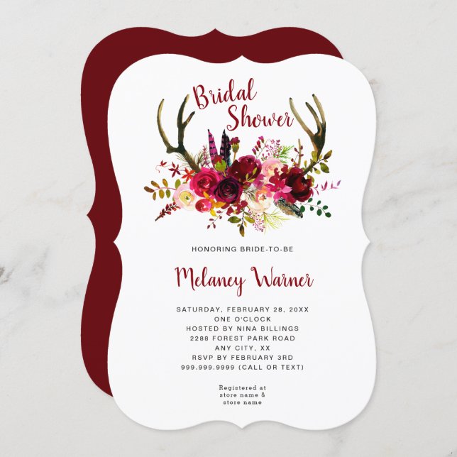 Trendy Boho Burgundy Floral Bridal Shower invite (Front/Back)
