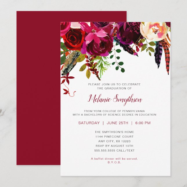 Trendy Boho Burgundy floral graduation party Invitation (Front/Back)