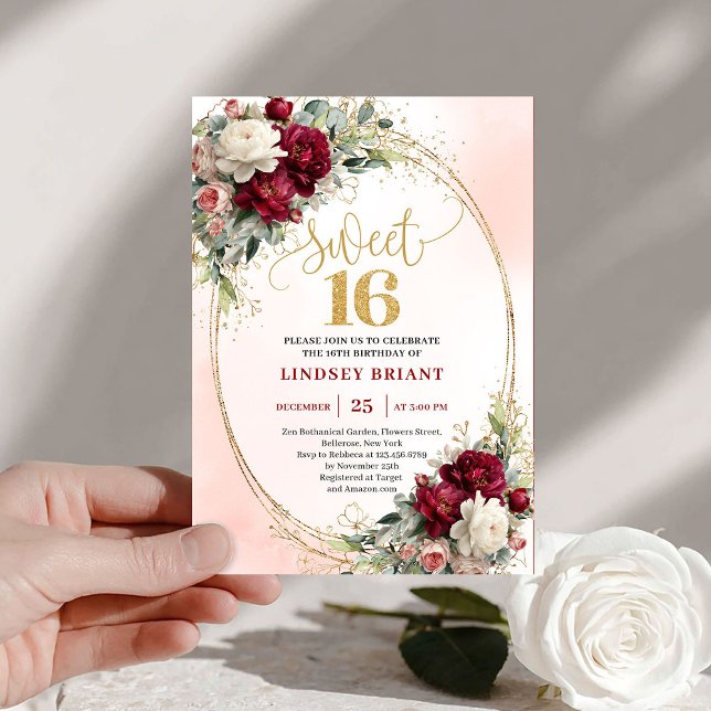 Trendy Boho Burgundy Gold Floral Sweet Sixteen Invitation (Trendy Boho Burgundy Gold Floral Sweet Sixteen)