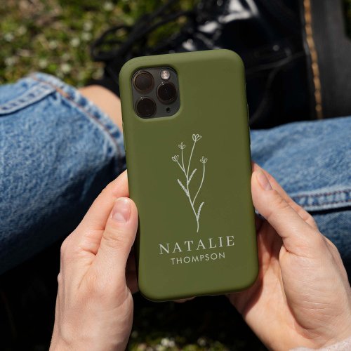 Trendy Boho Chic Minimalist Olive Green Customized iPhone 15 Case