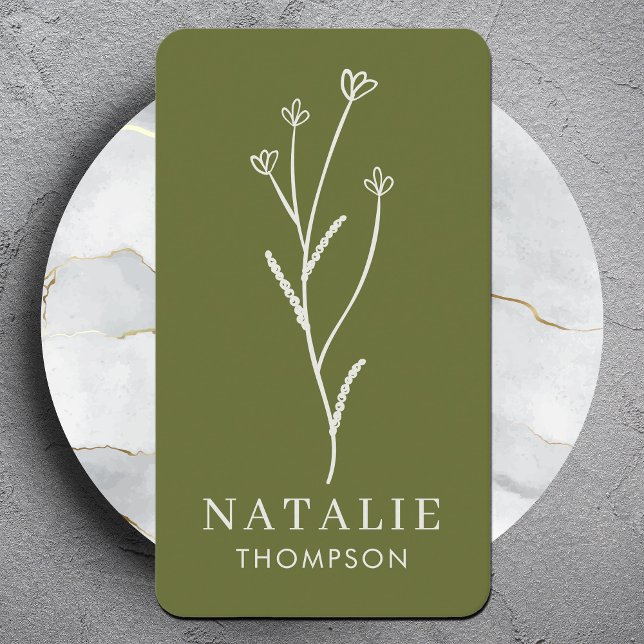 Trendy Boho Chic Minimalist Olive  Green Flower Business Card (Creator Uploaded)