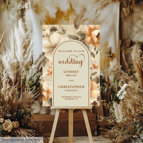 Trendy Boho Copper Ivory Olive Floral Welcome Sign