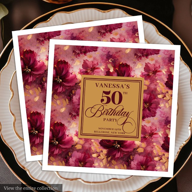Trendy Boho Dark Red Blush Gold 50th Birthday  Paper Dinner Napkins (Trendy Boho Dark Red Blush Gold 50th Birthday Paper Dinner Napkins )