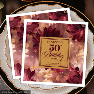 Trendy Boho Dark Red Blush Gold 50th Birthday   Paper Dinner Napkins