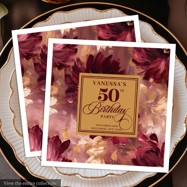 Trendy Boho Dark Red Blush Gold 50th Birthday   Paper Dinner Napkins (Trendy Boho Dark Red Blush Gold 50th Birthday Paper Dinner Napkins)