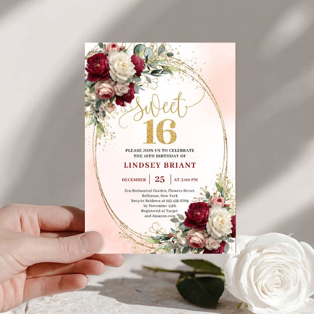 Trendy Boho Deep Red Gold Floral 16th Birthday  Invitation (Trendy Boho Deep Red Gold Floral 16th Birthday Invite)