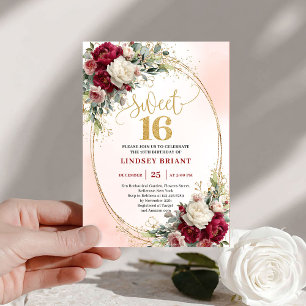 Trendy Boho Deep Red Gold Floral Sweet Sixteen  Invitation
