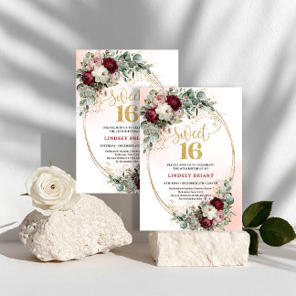Trendy Boho Deep Red Peonies Sweet Sixteen Party   Invitation