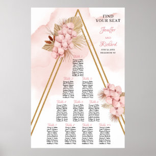 Trendy Boho Dried Palm and Blush Flowers Gold Poster