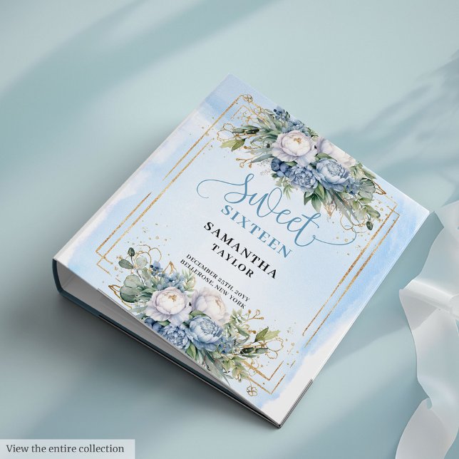 Trendy Boho Dusty Blue Cream Flowers Sweet 16 3 Ring Binder (Trendy Boho Dusty Blue Cream Flowers Sweet 16)
