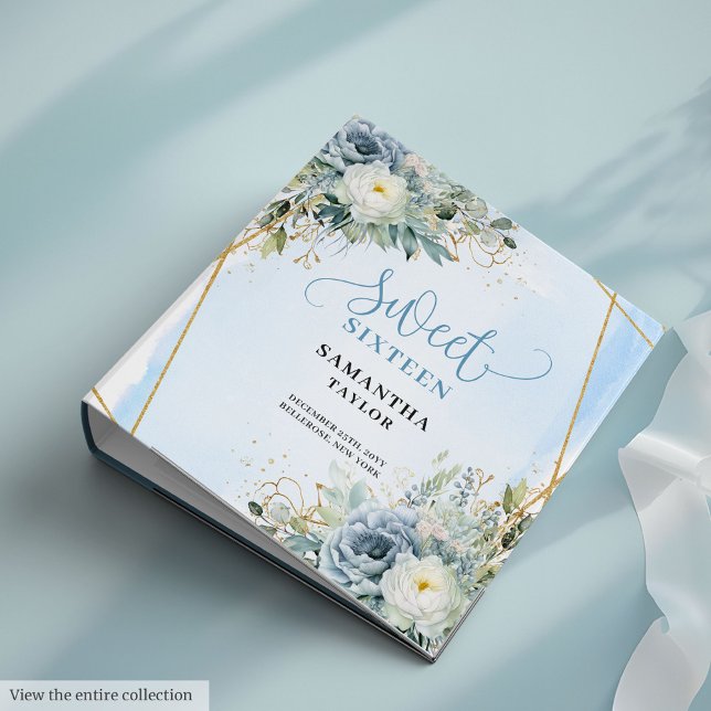 Trendy Boho Dusty Blue Greenery Floral Sweet 16th 3 Ring Binder (Trendy Boho Dusty Blue Greenery Floral Sweet Sixteen)