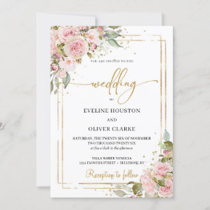 Trendy Boho dusty pink roses gold geometric frame Invitation