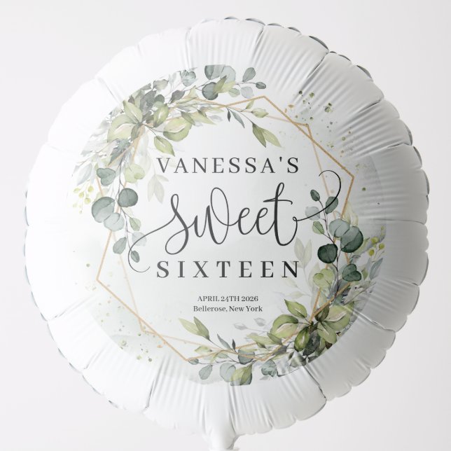 Trendy boho eucalyptus greenery gold 16th birthday balloon (Front)