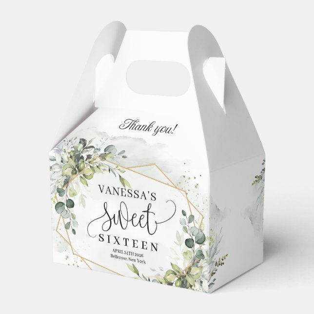 Trendy boho eucalyptus greenery gold 16th birthday favor boxes (Back Side)