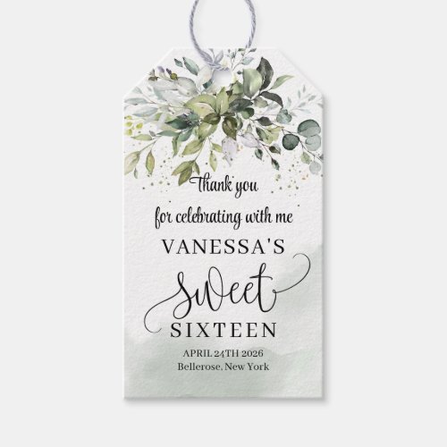 Trendy boho eucalyptus greenery gold sixteen 16th gift tags