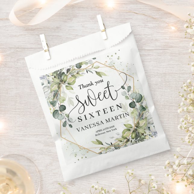 Trendy boho eucalyptus greenery gold sweet sixteen favor bag (Clipped)