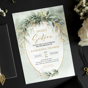Trendy boho eucalyptus greenery gold sweet sixteen invitation