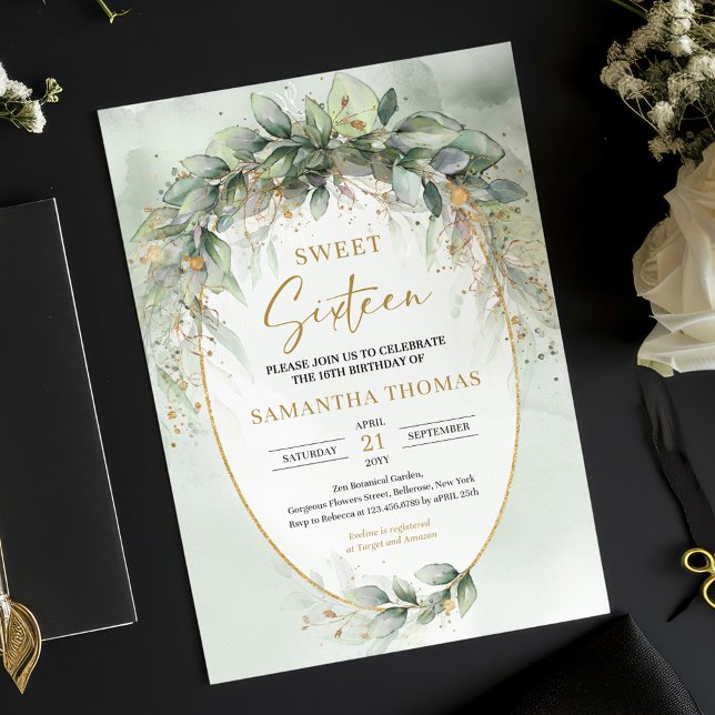 Trendy boho eucalyptus greenery gold sweet sixteen invitation (watercolor greenery eucalyptus sweet sixteen invitation digital)