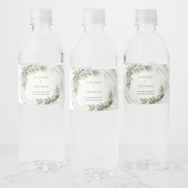 Trendy boho eucalyptus greenery gold water bottle label (Bottles)